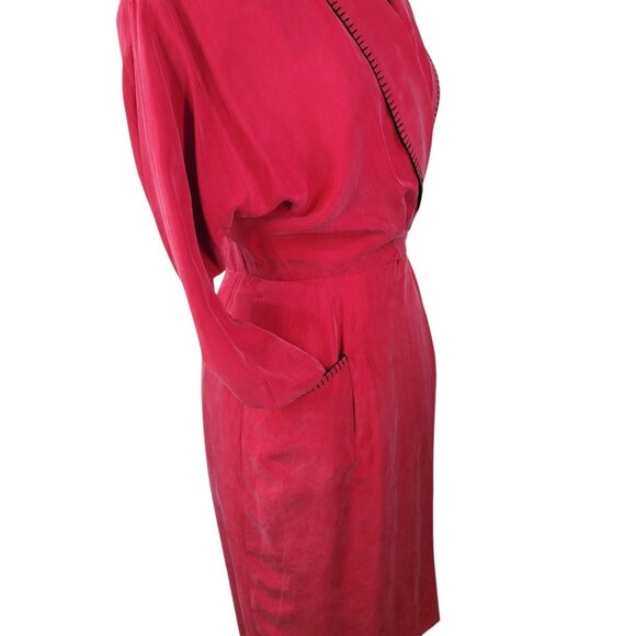 Vintage 100% Silk Power Suit Jacket Dress Size 6 Midi Top Red Wrap Pockets 80s - Picture 6 of 11
